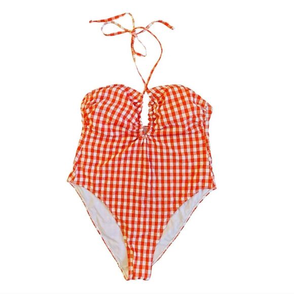 Wild Fable Red Gingham Halter Neck High Leg One Piece Swimsuit XL - Picture 5 of 16